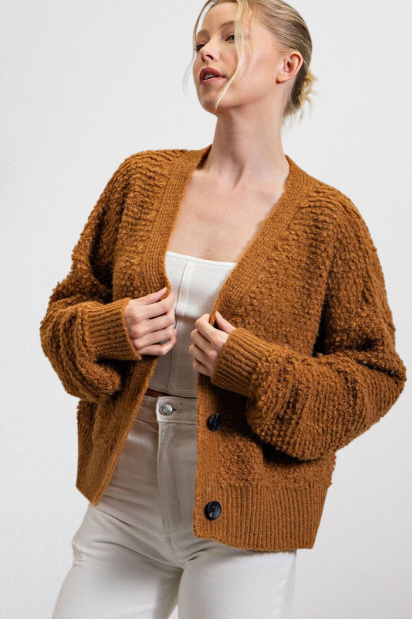 Textured Button Up Cardigan in Cider