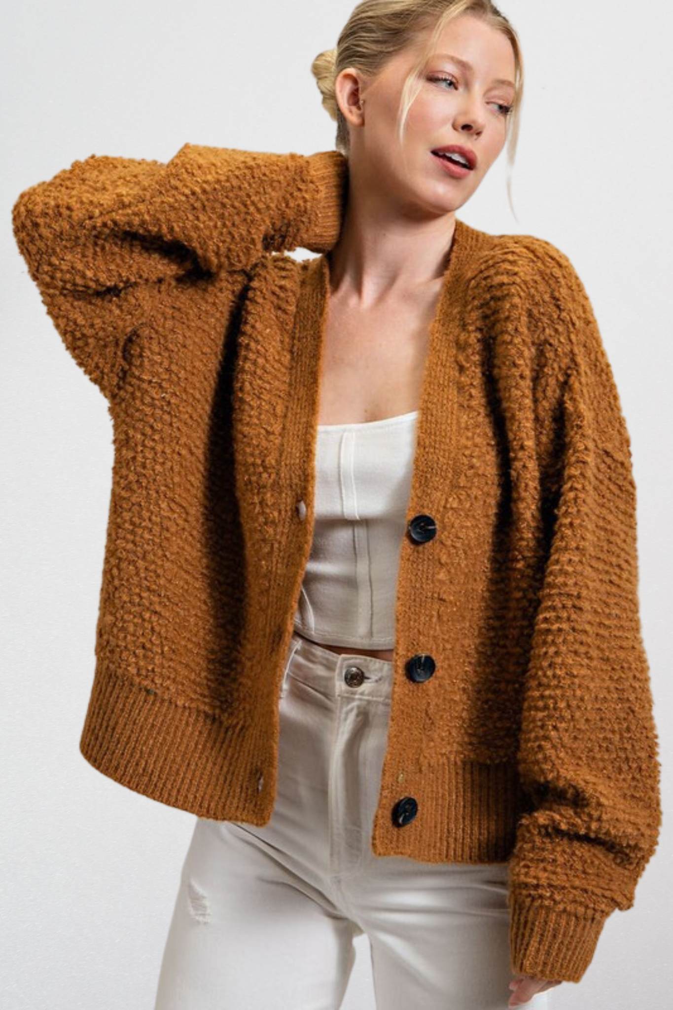 Textured Button Up Cardigan in Cider