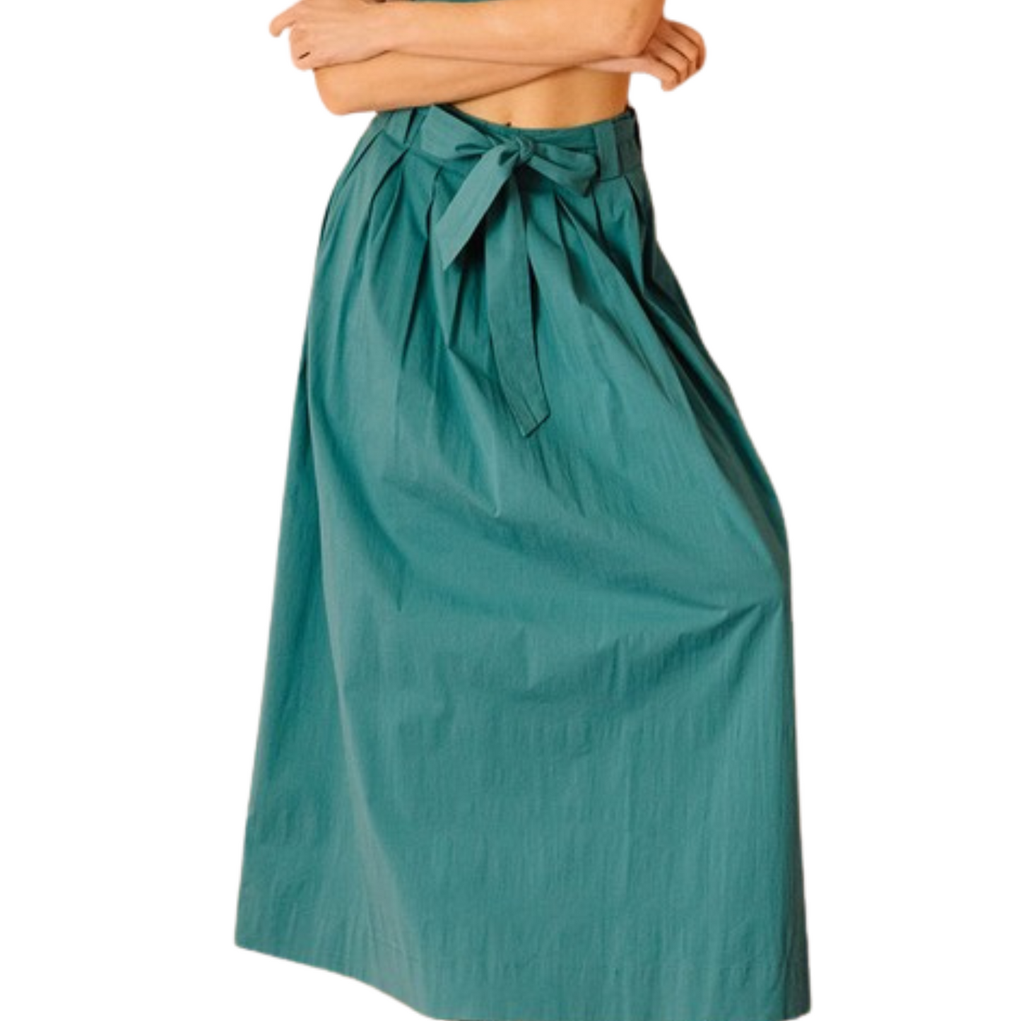 Deep blue high waisted maxi skirt with tie, worn by a woman from the front.