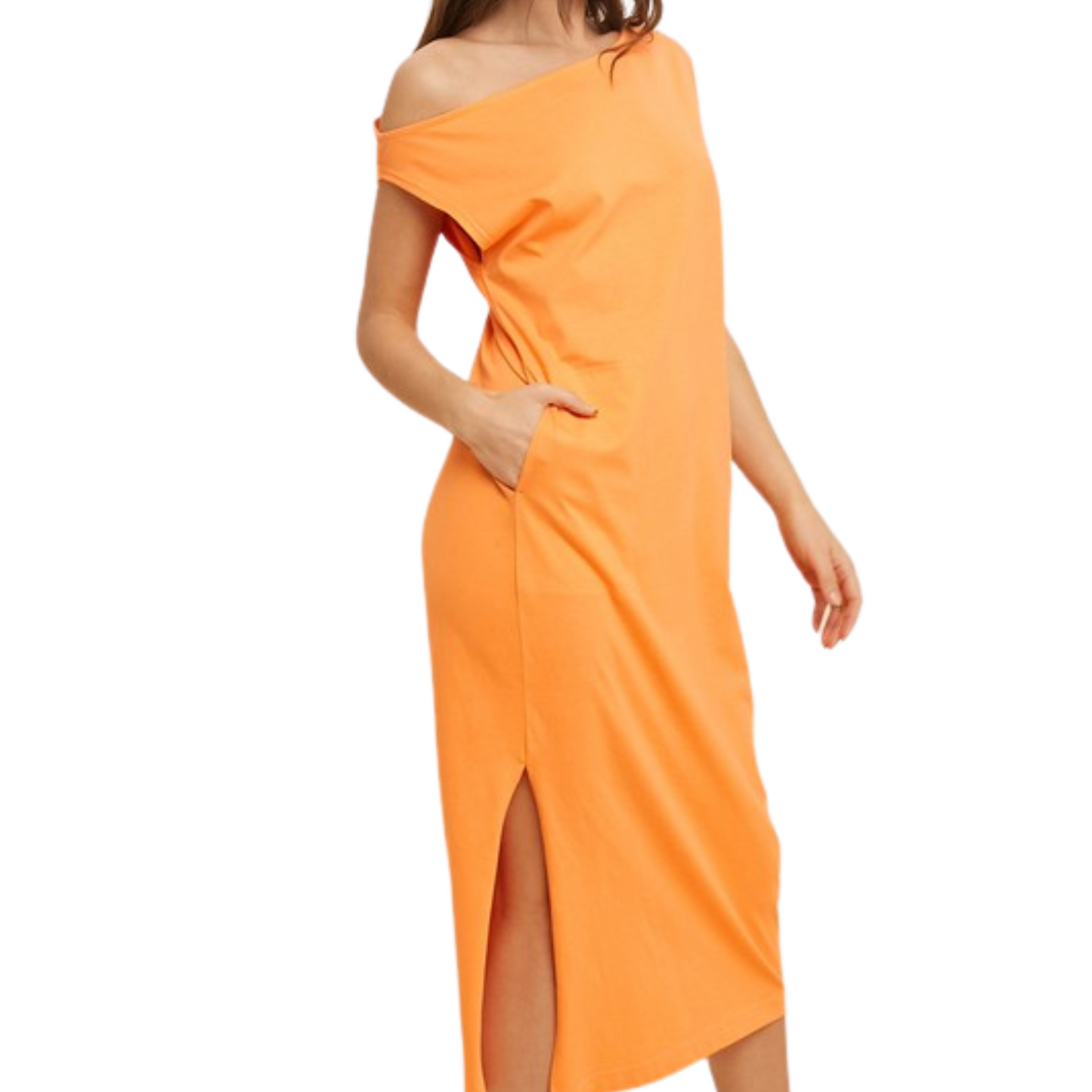 Vibrant orange midi dress with drop shoulder, side slit, and pockets, worn by a woman from the side.