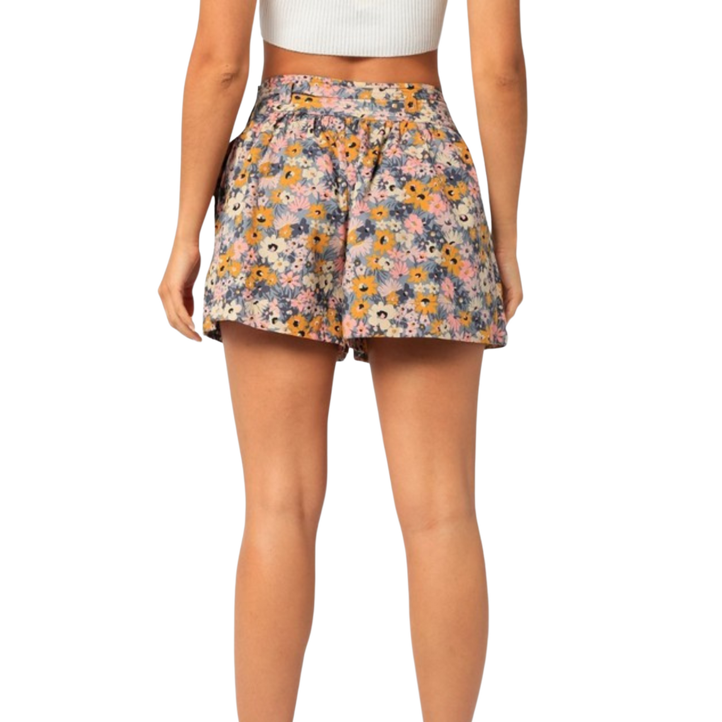 Colorful floral shorts with tie, worn by a woman from the back.