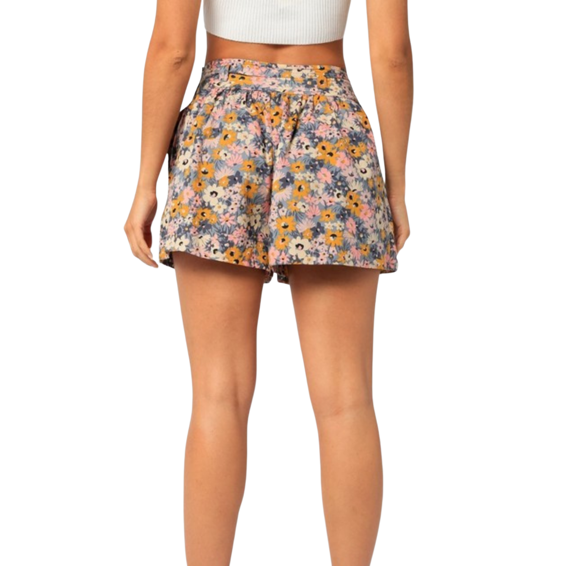 Colorful floral shorts with tie, worn by a woman from the back.