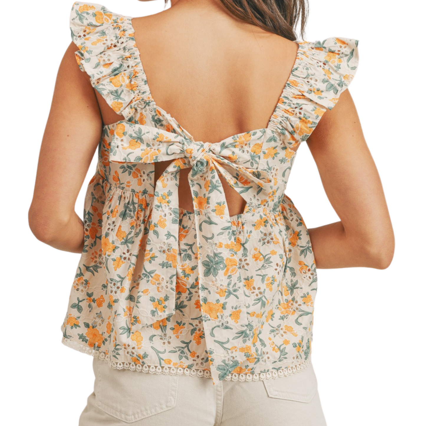 Orange and green babydoll style tank top with ruffle sleeves and tie back detail, worn by a woman from the back.