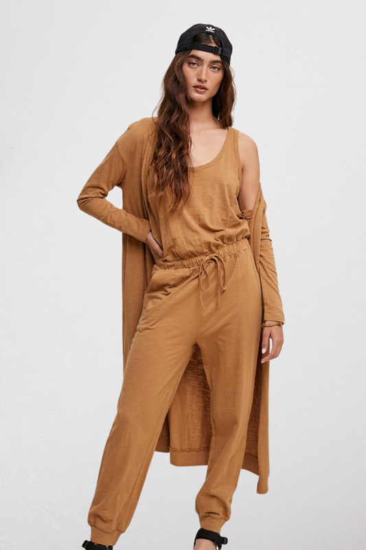Jumpsuit and Cardigan Set in Toffee