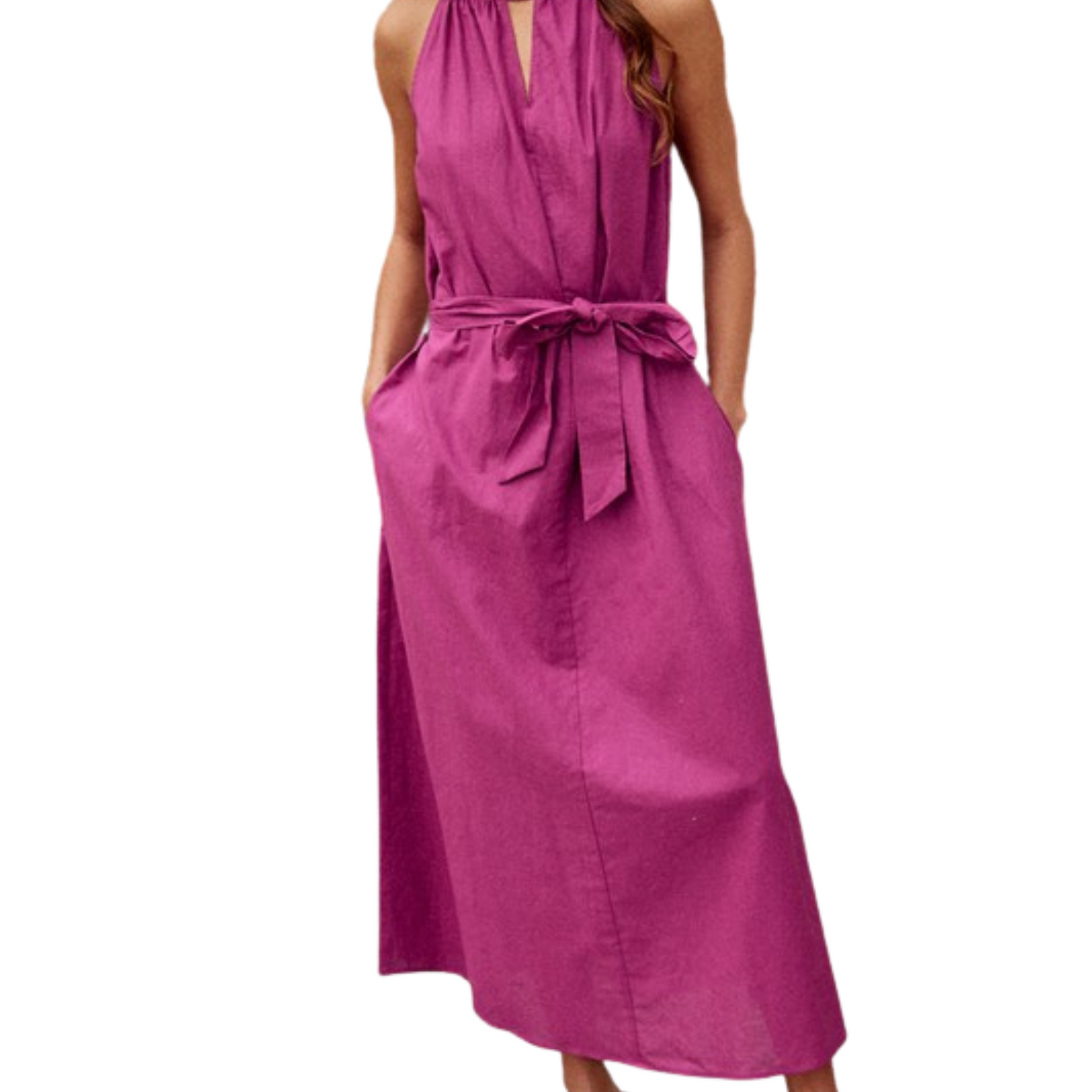 Deep purple maxi dress with halter neckline, pockets and tie, worn by a woman from the front.