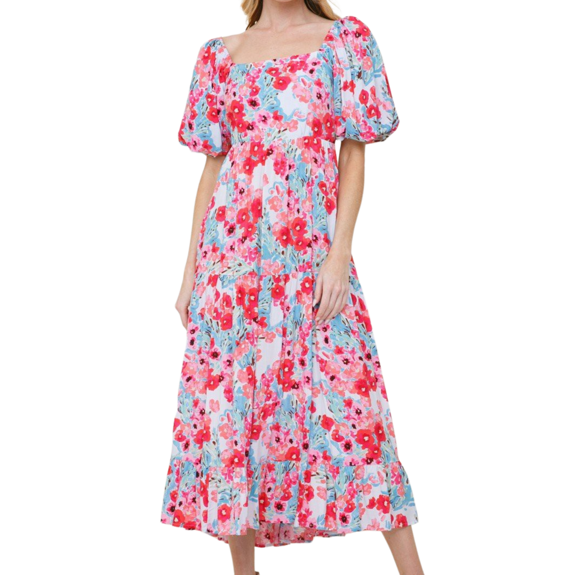 Pink, blue and white floral midi dress with square neckline and tie back, worn by a woman from the front.