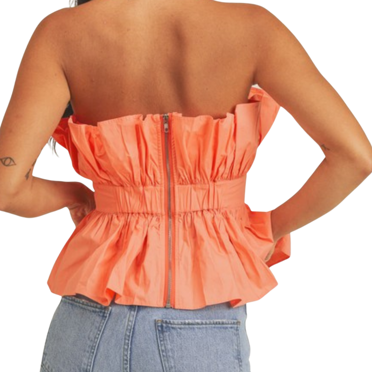 Peach ruffle tube top with fitted waist, worn by a woman from the back.