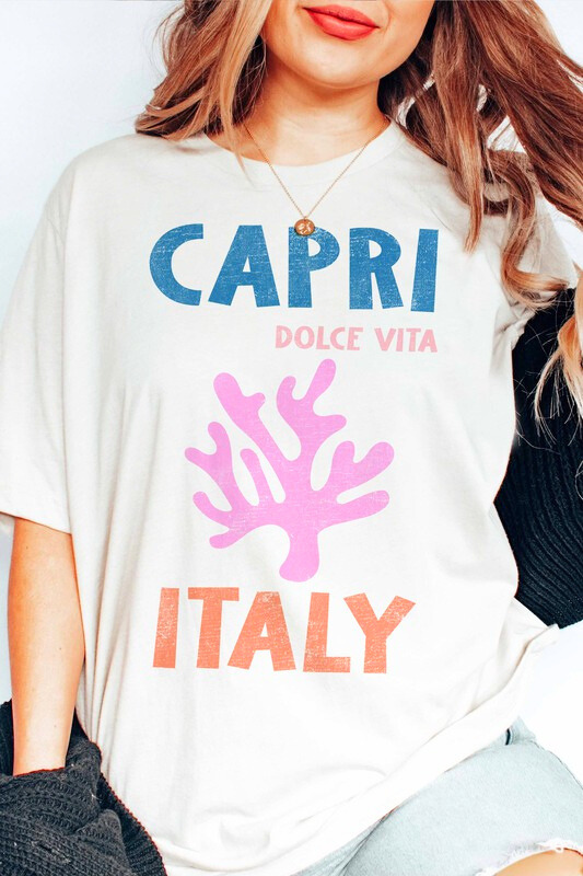 Colorful Capri, Italy graphic tee, worn by a woman from the front.