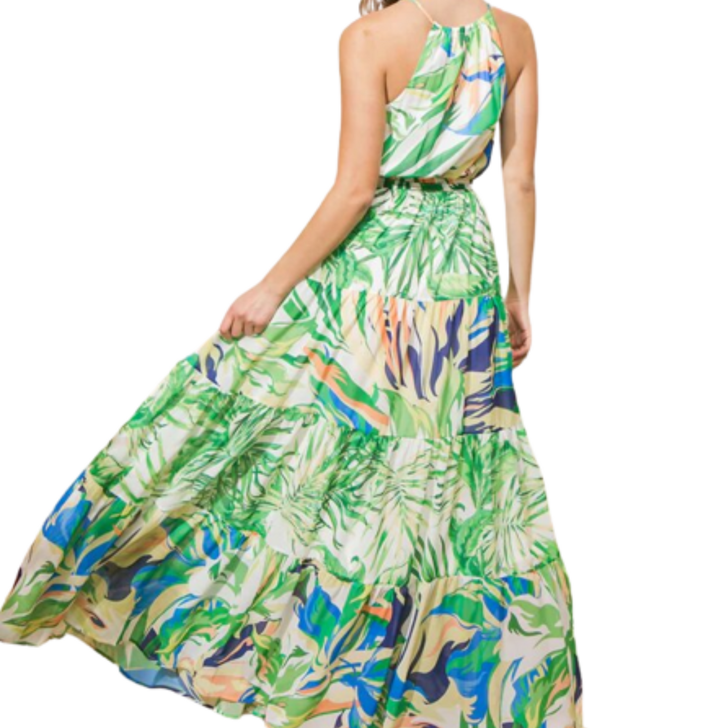 Multicolor, tropical print tiered maxi dress with tie, worn by a woman from the back.