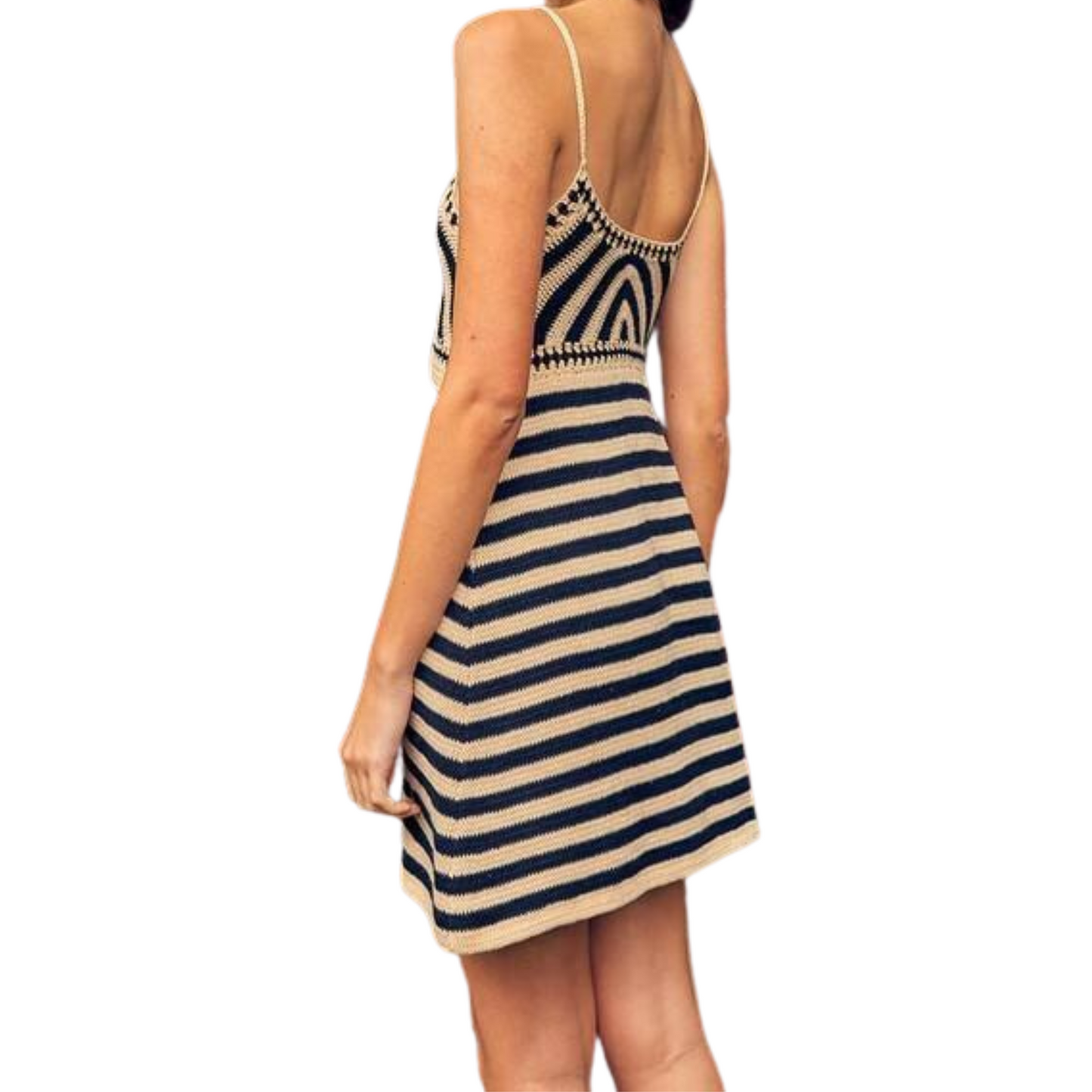 Black and tan striped crochet dress, worn by a woman from the back.