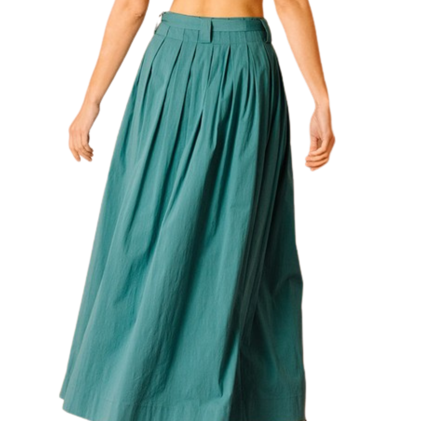 Deep blue high waisted maxi skirt with tie, worn by a woman from the back.
