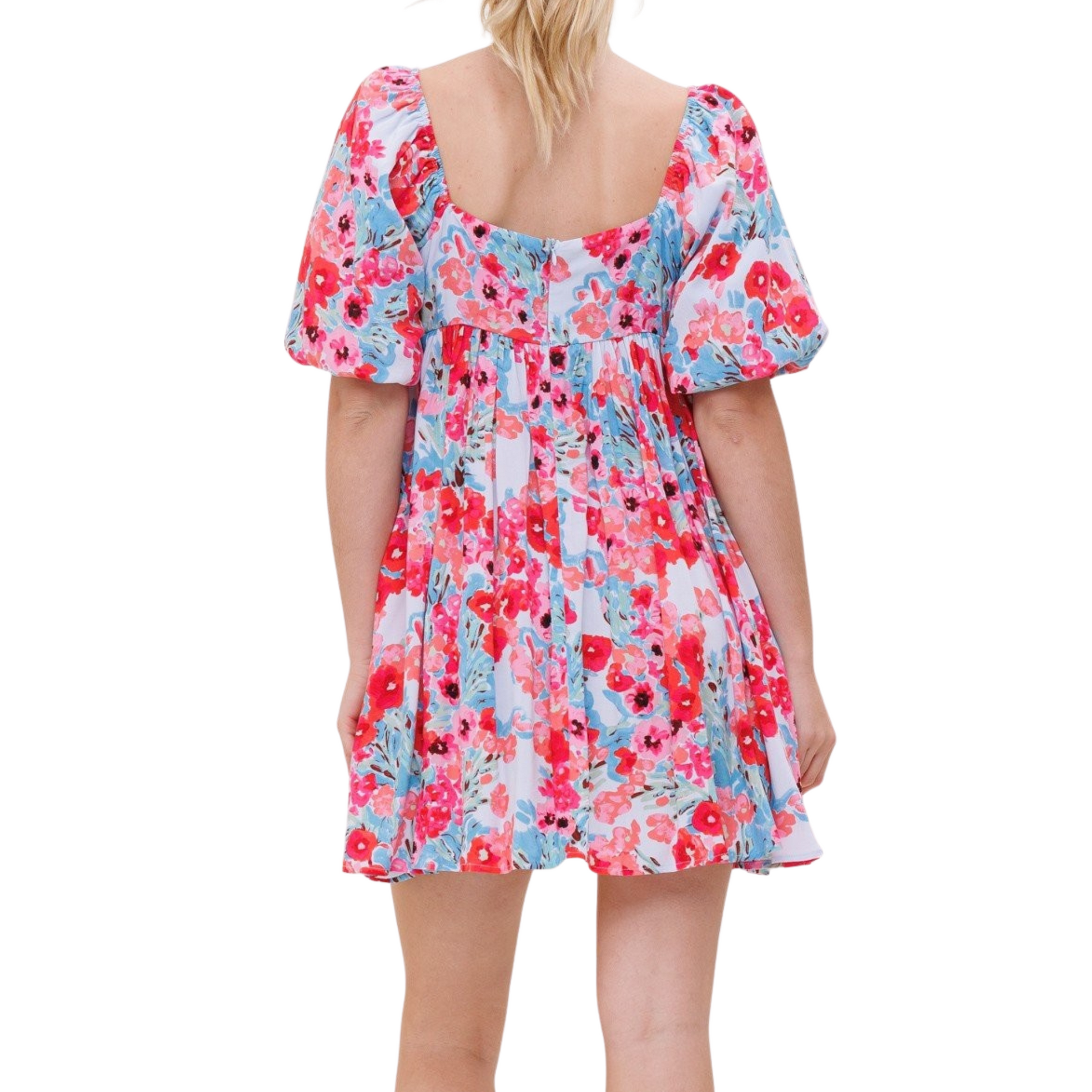 Pink, blue and white floral mini dress with balloon sleeves and square back, worn by a woman from the back.