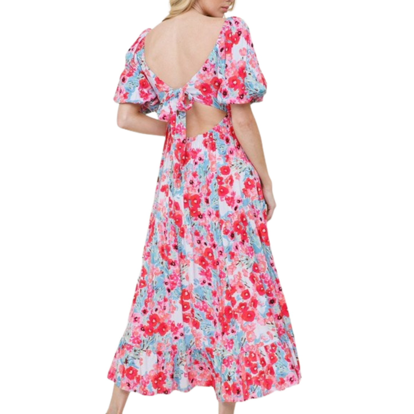 Pink, blue and white floral midi dress with square neckline and tie back, worn by a woman from the back.